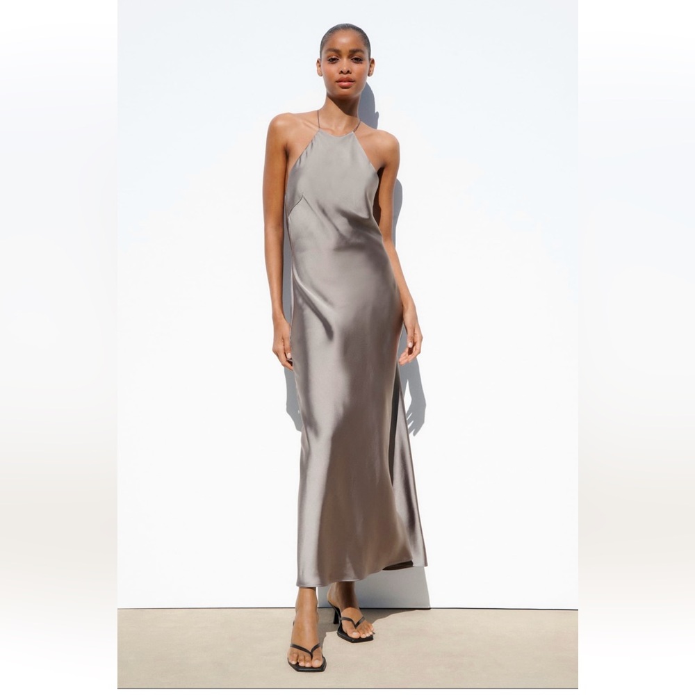 Zara Silver Satin Halter Slip Dress